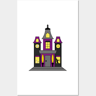 Purple and Black Halloween Haunted House with Ghost, Zombie, & Hands Posters and Art